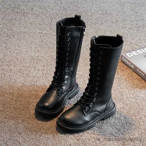 Boots Girl's Winter Boots Knee-High-Up Style Kids Boot Zipper Black White 27-37 Leather Systlish Kids Shoes R230822