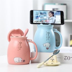 Mugs Cup Ceramic Cartoon Cute Girl Mug With Cover Spoon Scented Tea Breakfast Milk Home Mobile Phone Holder