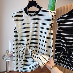 Women's T Shirts T-shirts 2023 Design Sense Niche Kort ärm Loose Casual Shoulder Pad Top Stripe Sleeveless Graphic Tops Y2K Tee