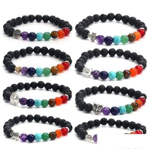 Bärade handgjorda 8mm 7 chakras naturliga lava stenpärlor armband för män Buddha Head Tree of Life Owl Elephant Charm Fashion Jewelry OT5EP