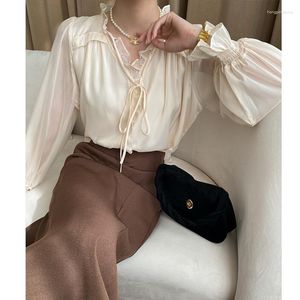 Blouses femininas Spring Ruffles Flare Sleeve Chiffon Women Women V Lace-up Ludado Longo Tops elegantes e elegantes camisas 2023