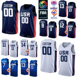 Printed America Basketball US 14 Walker Kessler Jerseys World Cup 12 Josh Hart 4 Tyrese Haliburton 11 Jalen Brunson 15 Austin Reaves 9 Bobby Portis 5 Mikal Bridges