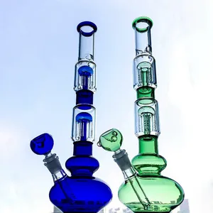 Classic Form Hookahs Straight Tube Double 4 Arm Tree Perc Beaker Base Water Pipes Oil Dab Rigs With Plunger 4mm Thick 18mm Female Joint blue green With Glass Bowl