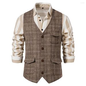 Men's Vests Mens Plaid Tweed Vest Vintage Double Breasted Waistcoat England Style Groomsmen Suits For Wedding