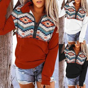 Kvinnors hoodies 2023 Spring Western Aztec Tryckt kvarter Sticks upp Pullover Women Sweatshirts Crop Fleece tröja Kvinnor