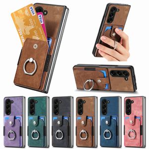 ZFold5 Card Slot Pocket Pack Leather Wallet Folding Cases For Samsung Z Fold 5 Fold5 Carbon Fiber Vertical Metal Finger Ring Car Holder Card Slot Hard PC Phone Cover