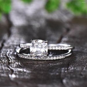 Cluster Rings Moissanite Engagement Ring Set Half Eternity Band Cushion Minimalist Promise Bridal