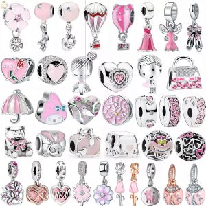 925 Gümüş Sarkık Charm 1pcs Yeni Pembe Tavşan Lady Bulma Şemsiye Çanta Kolye Pandora Takılar için Uygun Boncuklar Boncuk Gümüş Boncuklar