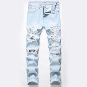 Мужские джинсы 2023 коленные отверстия Джинсовые брюки Лонг светло -голубая уличная одежда мужская мода разорванная большие размеры Pantalon Homme