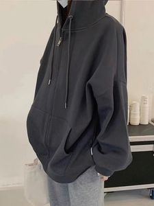Kvinnors hoodies tröjor Spring och Autumn Dark Grey Sweatshirt kappa koreansk version Loses Look Thin Wild Pure Cotton Simple 230822
