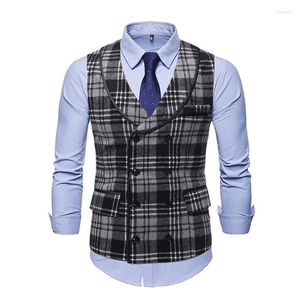 Mäns västar män passar väst Slim fit casual Waistcoat Leisure sjal krage brittisk stil rutt dubbelbröst