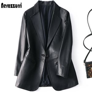 جلود نسائية من الجلد Nerazzurri Spring Autumn Leater Leather Blazer Women Single Button Slim Fit Designer Womens Leather Jackets and Coats 5XL 6XL 7XL 230822