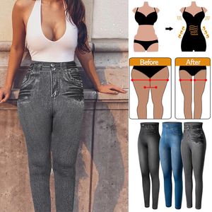 Leggings femininas jeggings jeans jeans de jeans altos controle de texi de cintura alta leggins magros calças de lápis impressas calças magras sem costura 230821