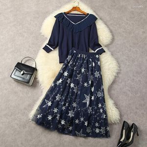 Work Dresses European And American Women's Wear For Winter 2023 Knit Sweater Capri Sleeve Mesh Sequin Embroidered Skirt Fashion Suits