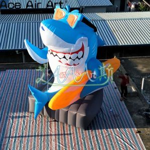 wholesale 5mH 16.5ftH with blower 210D Oxford Cloth Glasses Animal Model Smiling Inflatable Sitting Shark With Base Free Standing Arm With Skateboard For Sale