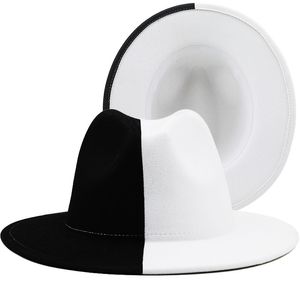 Geniş Kötü Şapka Kova Siyah Beyaz Patchwork Yün Keçin Jazz Fedora Hat Kadın Unisex Panama Partisi Trilby Cowboy Cap Erkekler Beyefendi Düğün 230822