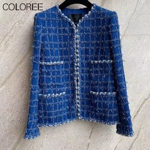 Giacche da donna Designer di lusso Giacca di tweed blu Donna Autunno Inverno Vintage Oneck Misto lana Cappotti Coreano Abrigos De 230826