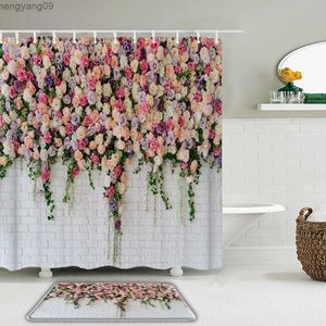 Shower Curtains 3D Flowers Wall Printing Shower Curtain Set Rose Butterfly Bird Bath Screen Waterproof Bathroom Curtains Slip Bath Mat Rug R230822