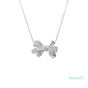 Pendant Necklace Sunburst Designer S925 Sterling Silver Shinning Full Crystal Butterfly Knot Bow Charm Short Chain Choker for Women Wedding Jewelry