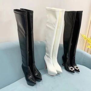 Kvinnor Begum Leather Over-Knee Boots Crystal-embelled Pointed-Toe Tall Boot Stretch Spool Heels Lårhöga tossor för kvinnors lyxdesignerskor