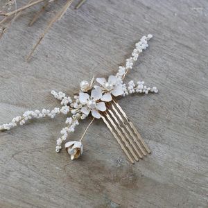 Hair Clips Romantic White Enamel Flower Bridal Wedding Comb Handmade Beads Ear Of Wheat Headpiece Pearl Earring For Women