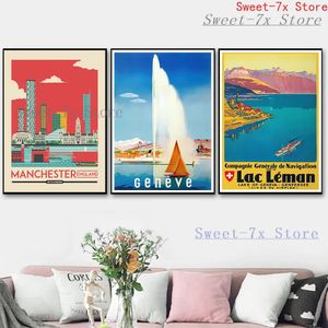 Genewa Szwajcaria Vintage Travel Canvas Malowanie sztuki Plakaty krajobrazowe Nordic i druki zdjęcia ścienne do salonu Dekorowanie sypialni Brameless WO6