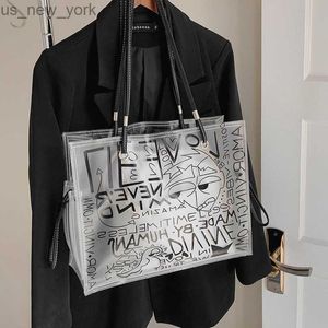 Totes Ladies Transparent Tote Bag Graffiti Large Capacity Shoulder Bag PVC Jelly Clear Bag Fashion Beach Hand Bag for Women HKD230823