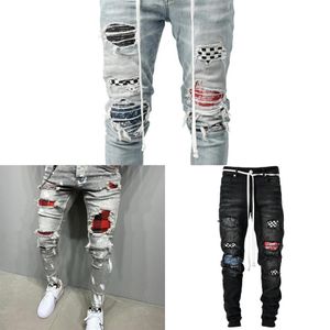 Svarta magra jeans män rippade rutnät lapptäcke stretch denim byxor elastiska hiphop byxor jogging penna byxor 2020 män kläder x3346