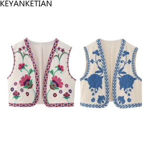 男性Sジャケットkeyanketian vintageフローラル刺繍オープンウエストコートレディースナショナルスタイルベストジャケット服カジュアルバケーションクロップトップ230821