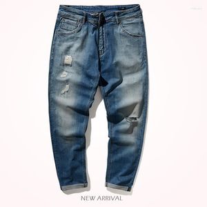 Herren Jeans Sommerlöcher dünne Denim Mode Baumwollskratzte Bettlerhose Blau gewaschene alte elastische Straight Casual Casos