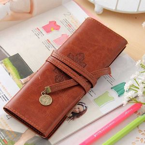 Learning Toys Multicolor Vintage Retro Luxury Roll Leather Make Up Cosmetic Pen Pencil Case Bag School Supply Promotional Gift Stationery