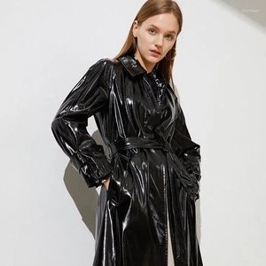 Women's Leather Vintage Glossy Women Coats 2023 Autumn Winter Long Black Soft PU Jacket Sleeve Belt Elegant Skirted Luxury