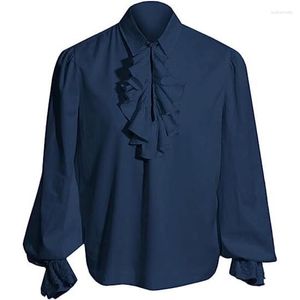メンズカジュアルシャツブルー海賊の中世のフリルスチームパンクゴシックシャツの男性ハロウィーンコスチュームコスプレルネッサンスビクトリア朝のトップスケミス