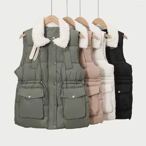 Kvinnors västar Autumn Winter Women Down Cotton Vest Fashion Lamb Wool Panel Lapel Thicke Warm Sleeveless Jacket Waistcoat