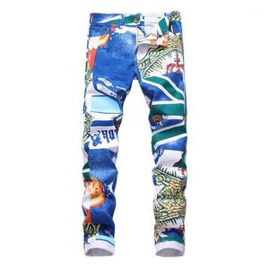 Herr jeans mode märke 3d mönster smal mager tryckt blå vit stretch denim byxor tonåringar över blommor216g