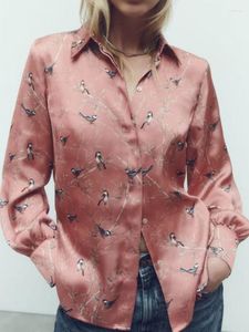 Women's Blouses 2023 Women Summer Shirts Tops Vintage Print Turn-down Collar Satin Female Elegant Street Top Clothing