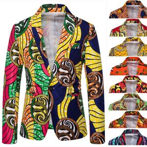Herrdräkter 2023 senaste gula afrikanska blommor tryckta män blazer smal fashion prom festjacka för sommardräkt manlig kappa