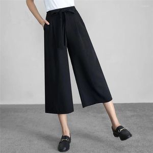 Women's Pants High Waist Casual Women Sraight Wide Leg Fashion Sashes Solid Loose Slim Chiffon Calf-Length Office Ladies