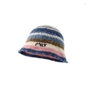 Berets 2023 Striped Handmade Crochet Flower Pot Cap Bucket Hat Japan Soft Knitted Women Korean Knit Y2k Streetwear Winter Wholesale