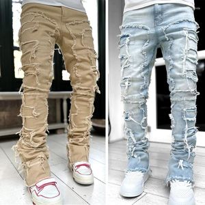 Jeans da uomo Autunno Solid Fashion Patchwork a vita media Pantaloni lunghi Toppa elasticizzata Streetwise per uomo Abbigliamento largo inferiore