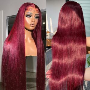 Synthetic Wigs Brazilian 99j Burgundy Straight Lace Front Wig Colored Human Hair For Women Preplucked 13x4 Hd Transparent Frontal 230821