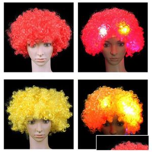 Andra evenemangsfestleveranser LED Light Headgear Flash Explosion Head Wig Prom Clown Fans Carnival Cap Hat Fan ADT Child Curly Hair P DHY2O