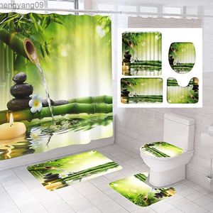 Duschgardiner full set badrum duschgardin och badmatta som inte slipper mattan grön bambu badrumsgardin för baddekoration R230829