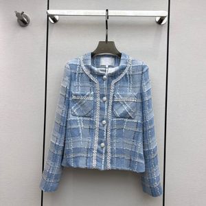 Womens Jackets autumn and winter blue plaid tweed coat round neck double pockets classic H 230821
