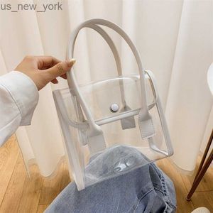 Totes Bolsas transparentes Mulheres projetadas de retalhos projetadas PVC Portátil Simple Student Travel Jelly Bag PU Handle All-Match Beach Totes HKD230822