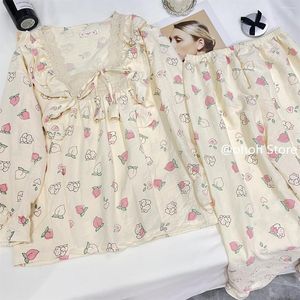 Women's Sleepwear Princess Pajamas For Women Lace Gauze Cotton Set Summer Long Sleeve Pants Homewear Female Mujer Loose Home Clothes