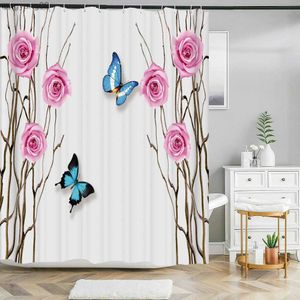 Shower Curtains Pink Flower Butterfly Printing Shower Curtains Fabric with Bathroom Bathtub Decoration Waterproof Bath Curtain R230822