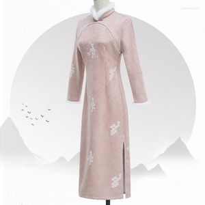 Ethnic Clothing Winter Suede Thickened Pink Mid-length Cheongsam Chinese Style Modern Qipao Wedding Evening Party Asian Dress For Elegant