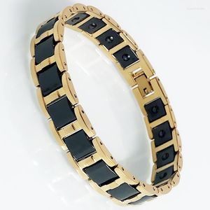 Link Bracelets Black Ceramic Men's Magnetic Bracelet Gold Plated Stainless Steel Energy Bio Health Care Women's Wristband Homme Armband Kpop