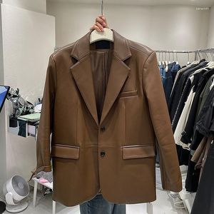 Kadınlar Deri Alarge Stok Sayı Kore Retro Retro Rahat Gevşek Pu Coat High-End Split Suit Soyd Renk Sonbahar Kış 2023